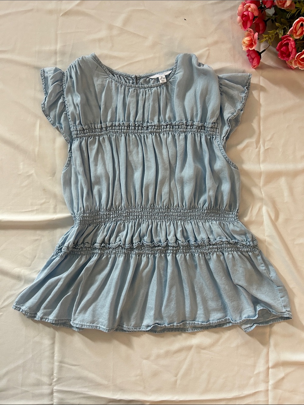 Time and Tru Light Blue Smocked Peplum Blouse